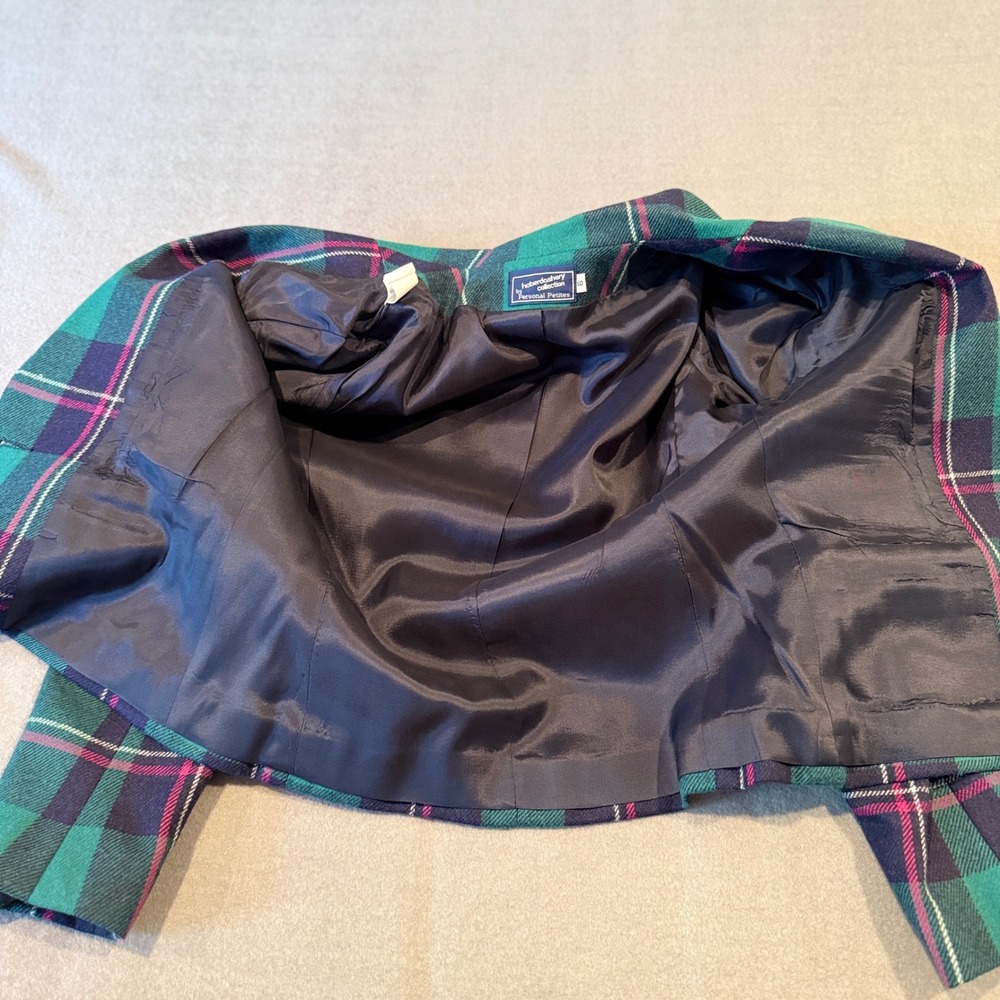 Vintage 80s Plaid Wool Blend Blazer – Teal Green Navy Pink – Petite Size 10 - Picture 12 of 15